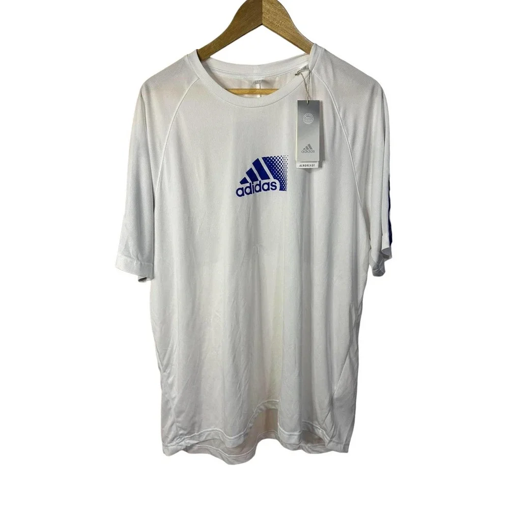 Adidas Aeroready Designed To Move Sport Tee White Royal Blue XL‎ NEW